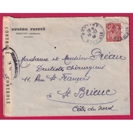 CENSURE HV PONTIVY MORBIHAN POUR ST BRIEUC COTES DU NORD 16 12 1944 LETTRE