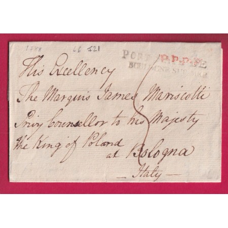 MARQUE PORT PAYE BOULOGNE SUR MER PAS DE CALAIS 1788 POUR BOLOGNA ITALIE ITALIA MINISTRE ROI DE POLOGNE INDICE 21 LETTRE