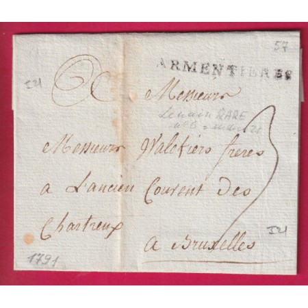 MARQUE ARMENTIERES NORD 1791 LENIAN N°6 INDICE 21 POUR BRUXELLES BELGIQUE LETTRE