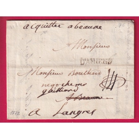 MENTION ACQUITTEE A BEAUNE COTE D'OR 1722 DEPART AMIENS SOMME POUR LANGRES HAUTE MARNE LETTRE