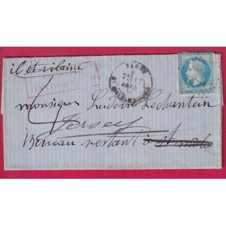 GUERRE 1870 REPRISE DU COURRIER PARIS POUR ST MALO TAXE4 REEXPEDITION JERSEY ANGLETERRE DEPART 12 FEV 1871 ARRIVE 21.2