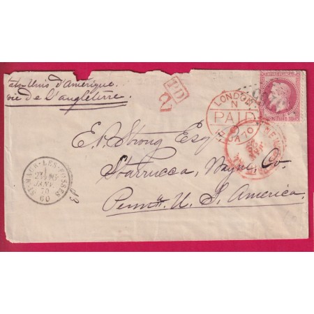 N°32 GC 3765 ST MAUR DES FOSSES SEINE POUR STARRUCCA PENNSYLVANIA VIA LONDON ET NEW YORK 1870 LETTRE