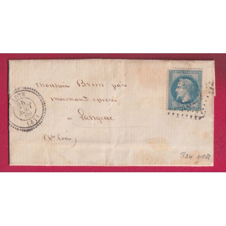 N°29 GC 4765 LAPTE HAUTE LOIRE 1869 POUR LANGEAC CAD TYPE 22 INDICE 21 LETTRE
