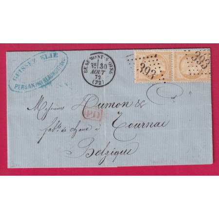 N°59 PAIRE GC 393 BEAUMONT SUR OISE SEINE ET OISE POUR TOURNAI BELGIQUE 1872 LETTRE