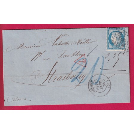N°60 GC 1989 LAVAUR TARN TAXE ALLEMANDE 20 + T TRIANGLE ROUGE 1876 LETTRE