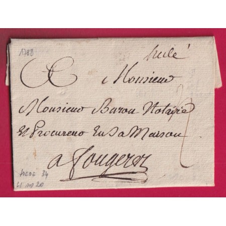 MARQUE MANUSCRIT HEDE ILLE ET VILAINE 1788 POUR FOUGERES LENAIN N°1 INDICE 20 LETTRE