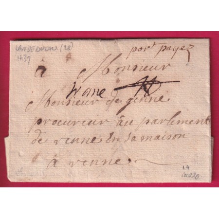 MARQUE PORT PAYE FRANCHE LANDERNEAU FINISTERE 1739 LENAIN N°4 INDICE 20 POUR RENNES ILLE ET VILAINE LETTRE