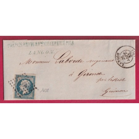 N°10 PC 1638 LANGON GIRONDE POUR GIRONDE 1853 LETTRE