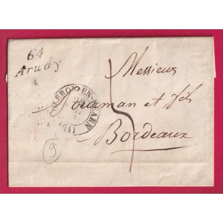 CURSIVE 64 ARUDY BASSES PYRENEES CAD TYPE 13 OLERON EN BEARN POUR BORDEAUX 1834 LETTRE