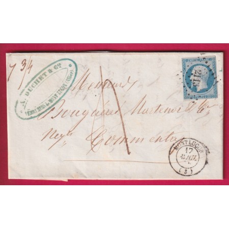 N°14 BLEU LAITEUX PC 2113 MONTLUCON ALLIER TAXE 4 MENTION POIDS 7 3/4 GRAMMES POUR COMMENTRY LETTRE