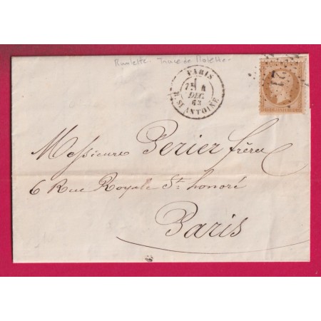 N°21 DECOUPE PAR MACHINE PARIS ETOILE 21 R ST ANTOINE 1863 POUR PARIS LETTRE