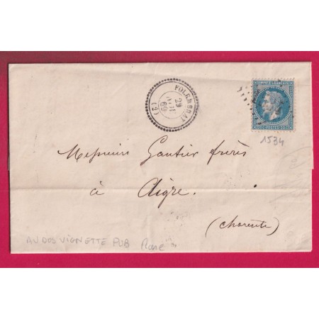 N°29 GC 1534 FOLEMBRAY AISNE CAD TYPE 22 POUR AIGRE CHARENTE ETIQUETTE PUB AU DOS LETTRE