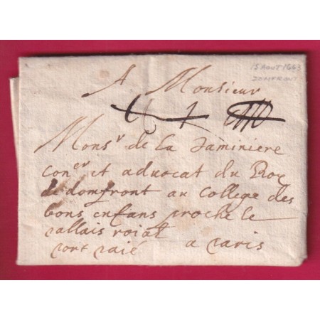 LETTRE PORT PAYE MANUSCRIT  DE 1663 DOMFRONT ORNE POUR PARIS INDICE 21 MINI LETTRE