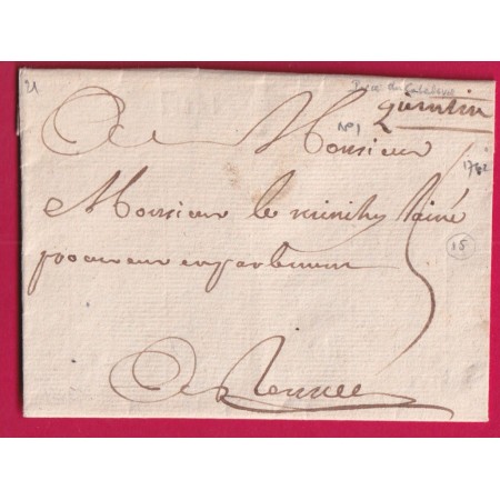 MARQUE MANUSCRIT QUINTIN COTES DU NORD 1761 LN°1 INDICE 15 POUR RENNES ILLE ET VILAINE LETTRE