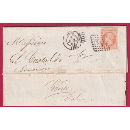N°16 TTB PC 1818 LYON RHONE POUR GENES GENOVA ITALIE ITALIA 1861 LETTRE
