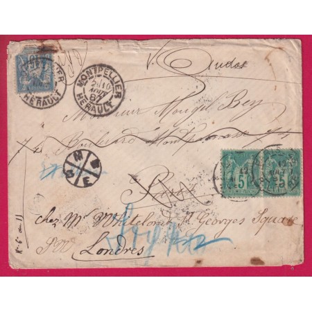 N°90 MONTPELLIER HERAULT 1887 REEXPEDIEE AVEC 2 N°75 PARIS R LITTRE POUR LONDRES ANGLETERRE RETOUR ENVOYEUR LETTRE