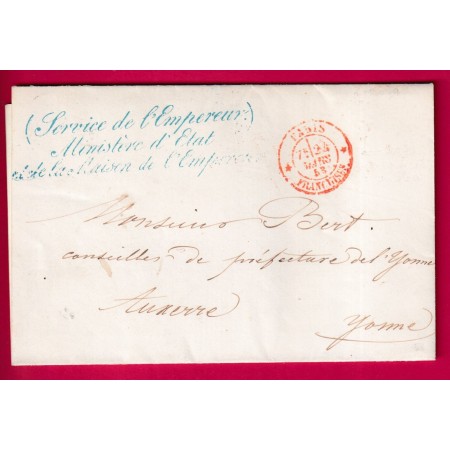 FRANCHISE SERVICE DE L'EMPEREUR MINISTRE ETAT ET MAISON EMPEREUR 1853 POUR AUXERRE YONNE LETTRE