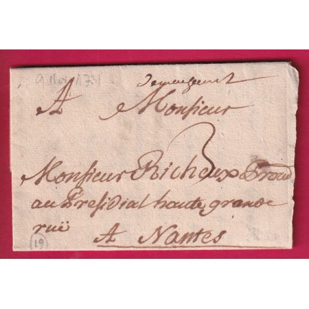 MARQUE MANUSCRIT DE MACHECOUL LOIRE INFERIEURE 1731 LN°1 INDICE 19 POUR NANTES LETTRE