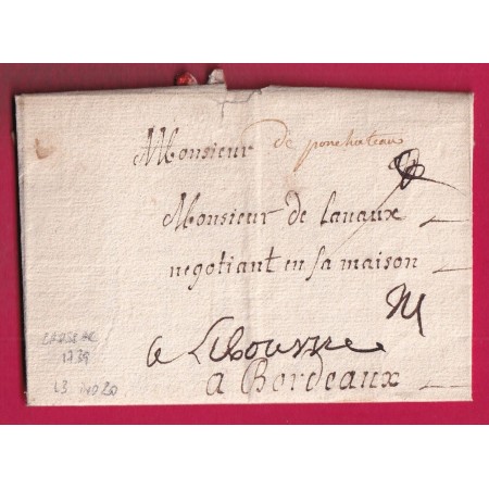 MARQUE MANUSCRIT DE PONTCHATEAU LOIRE INFERIEURE 1739 LN°3 INDICE 20 POUR BORDEAUX TEXTE DE CROSSAC LETTRE