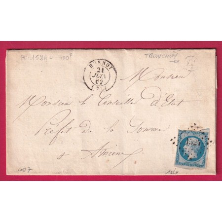 N°14 PC 1524 HORNOY SOMME BOITE RURALE G TRONCHOY POUR AMIENS LETTRE