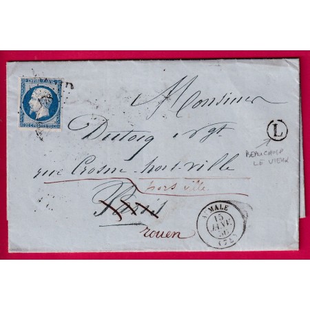 N°14 PC 178 AUMALE SEINE INFERIEURE  BOITE RURALE L BEAUCAMPS LE VIEUX SOMME POUR PARIS REEXP ROUEN LETTRE