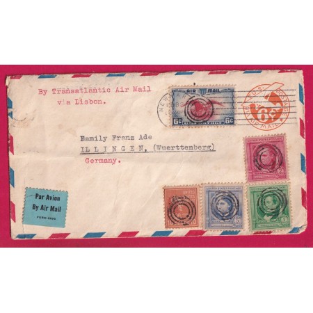 NEWMARKET NEW HAMPSHIRE USA ENTIER + TIMBRE AIR MAIL + ANNULATION CIBLE CENSURE NAZI AU DOS ILLINGEN GERMANY LETTRE