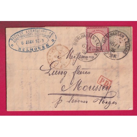 ALSACE LORRAINE MULHAUSEN HAUT RHIN 1875 POUR MOUSSEY VOSGES LETTRE