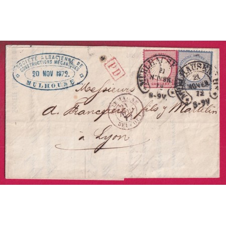 ALSACE LORRAINE MULHOUSE MULHAUSEN FER A CHEVAL HAUT RHIN 1872 POUR LYON RHONE LETTRE