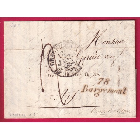 CURSIVE 78 BARGEMONT VAR 1832 CAD TYPE 12 DRAGUIGNAN POUR AIX BUCHES DU RHONE LETTRE