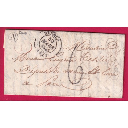 CAD TYPE 14 SAUMUR MAINE ET LOIRE 1845 BOITE RURALE N DOUE DECIME RURAL TAXE TAMPON 6 POUR PARIS LETTRE