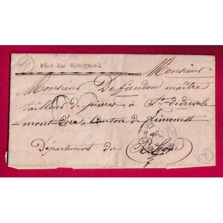 CAD TYPE 15 VILLERANCHE SUR SAONE BOITE RURALE R VAUX EN BEAUJOLAIS POUR ST DIDIER LE MONT D'OR RHONE 1854 LETTRE