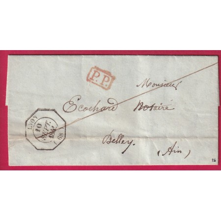 CACHET ESSAI HEXAGONAL LYON RHONE + PP ROUGE POUR BELLEY AIN 1841 LETTRE
