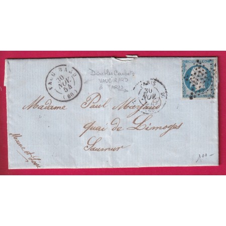 N°14 PARIS ETOILE PLEINE PARIS 3EME 60 20 + VAUGIRARD SEINE 1854 POUR SAUMUR MAINE ET LOIRE RARE LETTRE