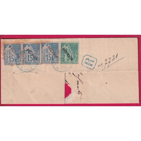 LA REUNION N°20X3 + 22 CAD BLEU ST DENIS 1892 RECOMMANDE POUR NANTES SUR FRAGMENT DE LETTRE