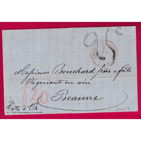 STRASBOURG BAS RHIN CAHET ROUGE F DE FRANCHISE TAXE TAMPON 25C + 20 ALLEMANDE POUR BEAUNE COTE D'OR 17.11.1871 LETTRE
