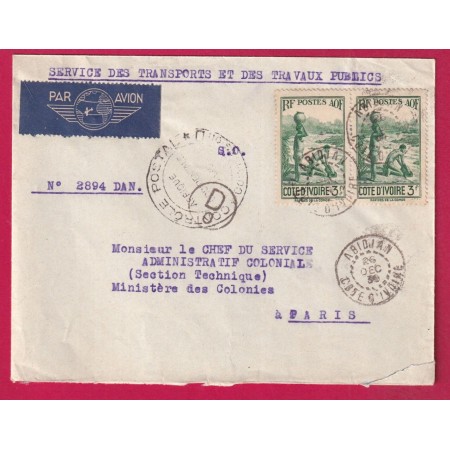 ABIDJAN COTE D'IVOIRE 1939 CENSURE CENSOR CONTROLE POSTALE AOF POUR PARIS LETTRE