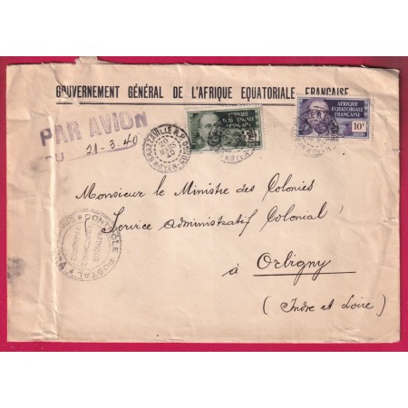 BRAZAVILLE MOYEN CONGO 1940 CENSURE CENSOR CONTROLE POSTALE AOF POUR ORBIGNY PAR AVION TARIF 15FR LETTRE