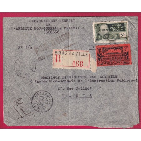 BRAZAVILLE AEF TIMBRE MOYEN CONGO 1938 RECOMMANDE PAR AVION  LETTRE