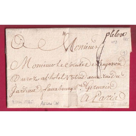 MARQUE MANUSCRIT PLELAN 1765 LN°3 ILLE ET VILAINE INDICE 19 POUR PARIS LETTRE