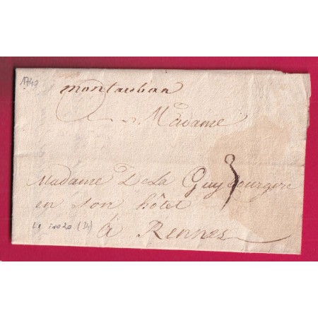 MARQUE MANUSCRIT MONTAUBAN DE BRETAGNE 1740 LN°1 INDICE 20 ILLE ET VILAINE POUR RENNES LETTRE