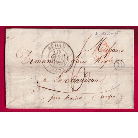 CAD TYPE 13 SEDAN ARDENNES BOITE RURAL D RAUCOURT DECIME RURAL POUR LA CHAUDEAU VOSGES 1839 LETTRE