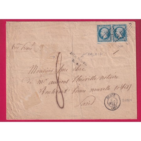 N°14 PAIRE TB PC 1441 DREUX EURE ET LOIR TAXE 8 GRIFFE AFFR INSUFR R4 POUR PARIS LETTRE