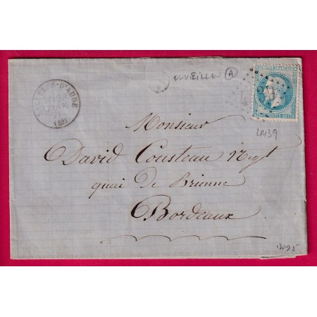 N°29 GC 4469 SALLES D'AUDE BOITE RURALE A OUVIELLAN AUDE POUR BORDEAUX LETTRE