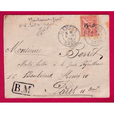 TIMBRE FM N°2 TLEMCEN ALGERIE 1903 BM ENCADRE MENTION AFFRANCH GRATUIT LE CDT DE BRIGADE 1903 LETTRE