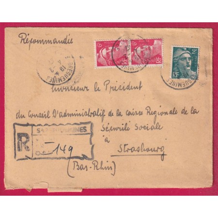 GANDON 1947 RECOMMANDE PROVISOIRE SARREGUEMINES MOSELLE POUR STRASBOURG VIGNETE ANTI TUBERCULOSE LETTRE