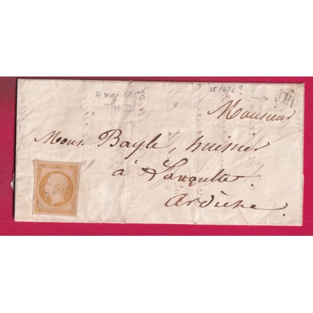 N°13 TTB CAD TYPE 15 LA VOULTE ARDECHE FRAPPE LEGERE OR LE PAPE ?? 1858 POUR LA VOULTE LETTRE