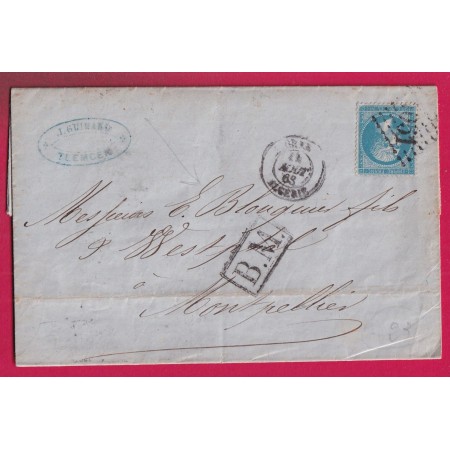 N°22 GC 5051 ORAN ALGERIE BM ENCADRE TLEMCEN 1863 POUR MONTPELLIER HERAULT LETTRE