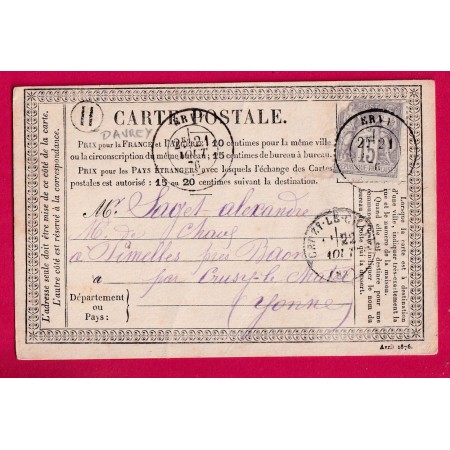N°77 ERVY AUDE BOITE RURALE H DAVREY POUR CUSY LE CHATEL YONNE CARTE PRECURSEUR LETTRE