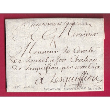 MARQUE MANUSCRIT LESNEVEN LANDERNEAU MORBIHAN LENAIN N°2 INDICE 21 POUR LESQUIFFIOU MORLAIX FINISTERE LETTRE