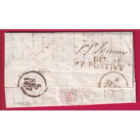 DEBOURSE DEB 54 PONTIVY MORBIHAN 1827 INDICE 20 DEPART 34 RENNES LETTRE